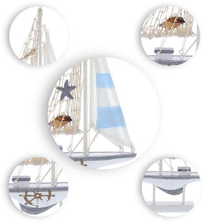CoTa Global Moonlight Sailboat - Handmade Wooden Sail Boat Decor, Cute Beach Style Model, Nautical Themed Table Top Living Room Centerpiece - 12.5 Inch