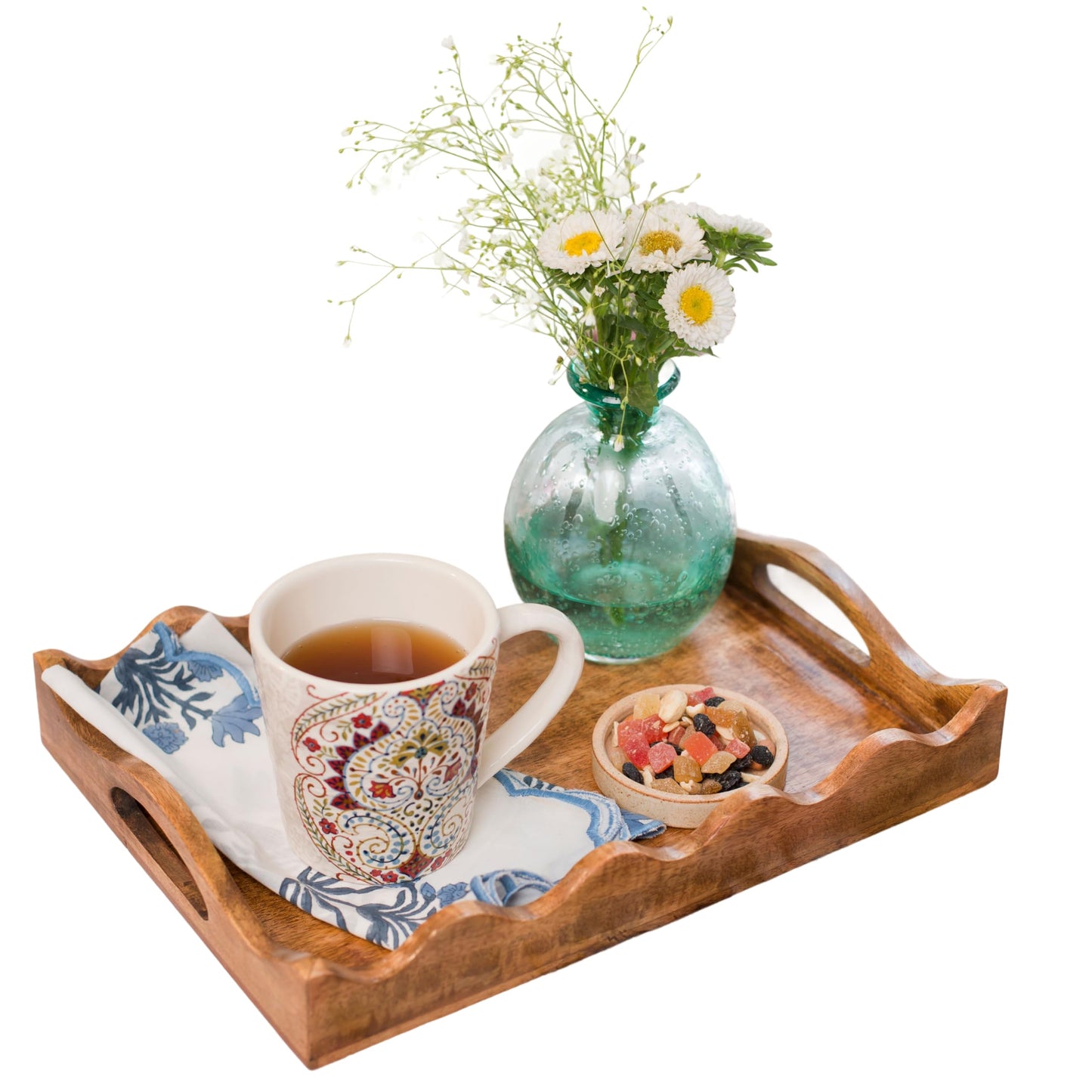 Mela Artisans 14” x 10” x 2.5” Mango Wood Serving Tray with Handles – Ottoman Scallop White Burnt – Medium Handcrafted Wooden Serving Board for Breakfast, Coffee & Home Décor