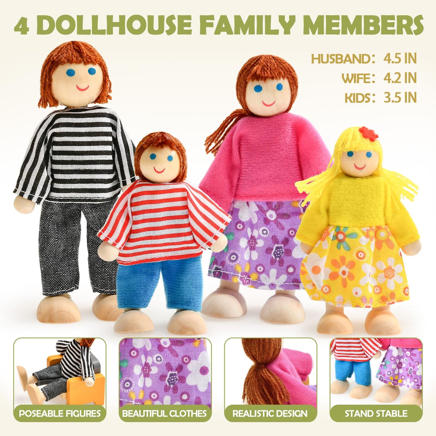 Toyssa Wooden Dollhouse Furniture Set, 36PCS Miniature Doll House Accessories with Colorful 5 Room & 4 Flexible Family Dolls, Pretend Play Toys Birthday Gift for Toddlers 3 4 5 6 Years Old