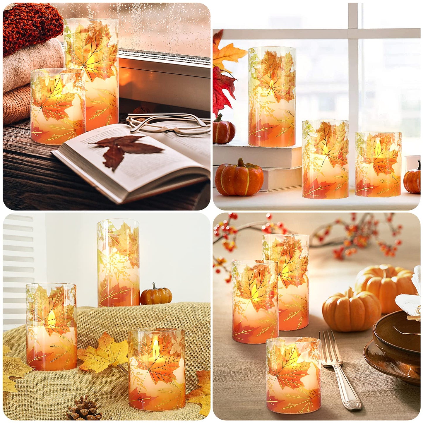 Crystal Club Fall Flameless Candles, Autumn Maple Leaves LED Flickering Candles with Remote and Timer, Battery Operated Glass Effect Pillar Candles for Fall Home Thanksgiving Home Décor