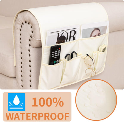 HAOMAIJIA Anti Slip Sofa Armrest Organizer Arm Chair Bedside Caddy Storage Organizer For Recliner Couch With 6 Pockets For Cell Phone Tv Remote Control (Ivory White, 31.89 inches × 18.5 inches)