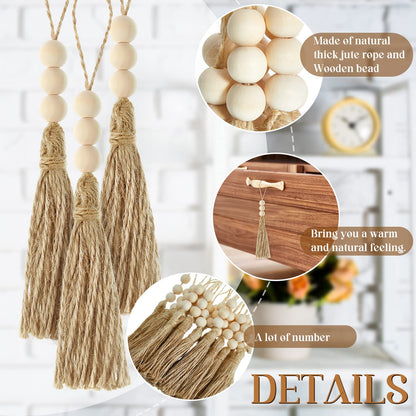 Taiyin 40 Sets Jute Tassels with 3 Wood Beads Natural Jute Rope Burlap Tassels for Christmas Tree DIY Craft Wood Beads Garland Project Wedding Home Party Decorations