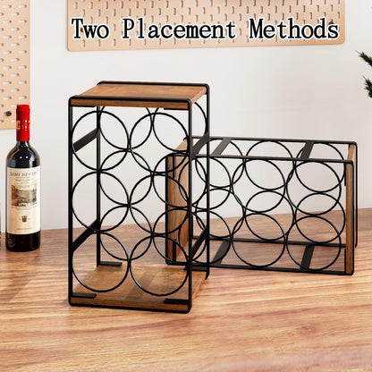Dazioter Wood Countertop Wine Rack No Need Assembly 6 Bottles Black + Rustic Brown