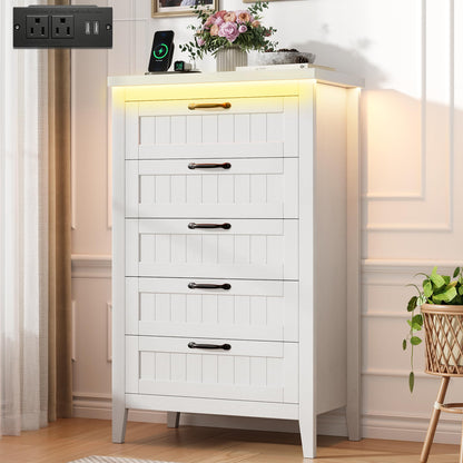GarveeHome Farmhouse Tall 5 Drawer Dresser with Charging Station & LED Lights, Slim Wooden Bedroom Dresser, Rustic Chest of Drawers Clothes Storage Organizer for Closet Dorm Apartments, White