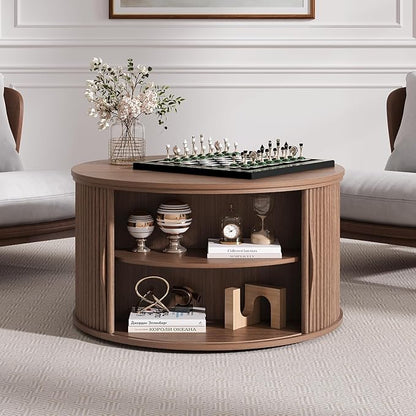 JOINICE 31.5" Round Lift Top Coffee Table, Mid Century Modern Walnut Center Table with Hidden Storage, Fluted Drum Wood Design for Small Living Room & Apartment