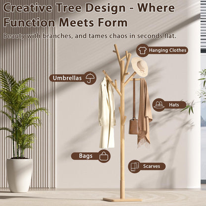 Solid Wood Coat Rack - Freestanding Coat Hat Rack Stand with 14 Hooks, Clothes Rack Heavy Duty Space Saving Entryway Coat Tree Hanger Rack for Coats Jackets Hats Bags, Adjustable Height (Natural)