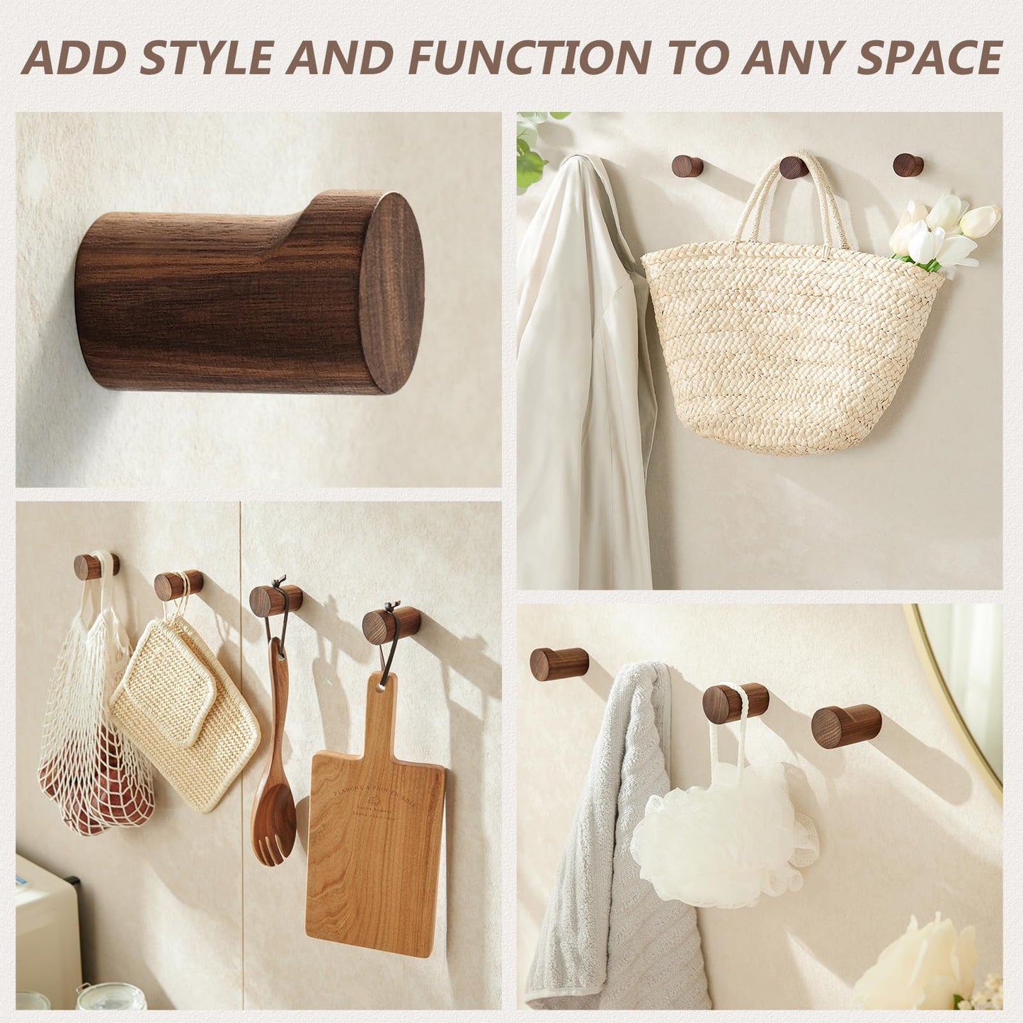 HeyPPO Wooden Wall Hooks 4 Pack, Modern Decorative Coat Hook Wall-Mount, Handmade Rustic Hat Hooks, Entryway Wall Hangers for Hanging Coats Hats Backpack, Bathroom Wood Towel Rack (Walnut)