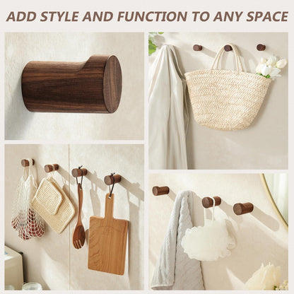 HeyPPO Wooden Wall Hooks 4 Pack, Modern Decorative Coat Hook Wall-Mount, Handmade Rustic Hat Hooks, Entryway Wall Hangers for Hanging Coats Hats Backpack, Bathroom Wood Towel Rack (Walnut)