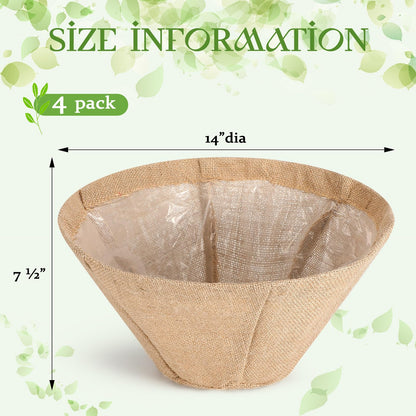 Novabright 4 Pack Round Burlap Liners with Drainage Hole and Plastic Interior Liner 14 Inch Rustic Burlap Planter Liner for 14" Diameter Hanging Baskets