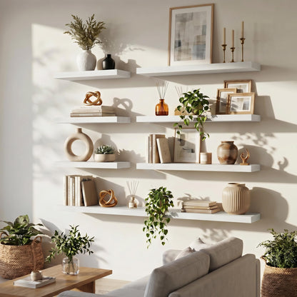 FLYJOE 20 Inch Floating Shelves for Wall Set of 2, 6.5" D Wood Grain Bathroom Shelves with Invisible Brackets, Easy Install Engineered Wood Storage Shelves for Kitchen, Living Room, Bedroom