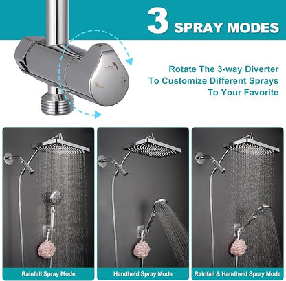 GwernKB Rain Shower Heads with Handheld Spray Combo,Fixed Showerhead&8-Mode Handheld Shower Head with 79 Inches Extra-long Stainless Steel Hose and Low-Reach Adhesive Wall Mount for Elderly