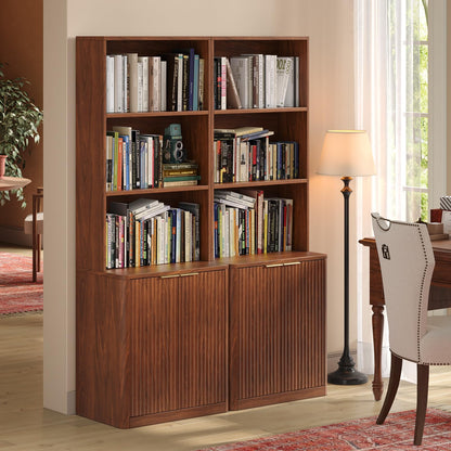 Hootata 71" Walnut Bookcase with Doors, 5 Tier Fluted Tall Bookshelf with Storage, Librero with Cabinet for Home Office, Living Room,or Bedroom