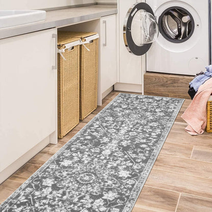 Pauwer Vintage Flower 2'X6' Runner Rug Distressed Runner Rug Non Slip Hallway Runner Washable for Kitchen Living Room Bedroom Entryways Hallways (Grey, 2'X6' Ft)