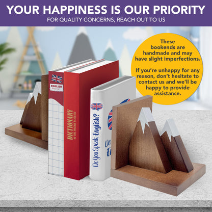 Decorably Dark Walnut Mountain Book Ends for Kids Books - 1 Set Non-Skid Wooden Mountain Bookends for Kids - Kid's Room, Nursery, Classroom