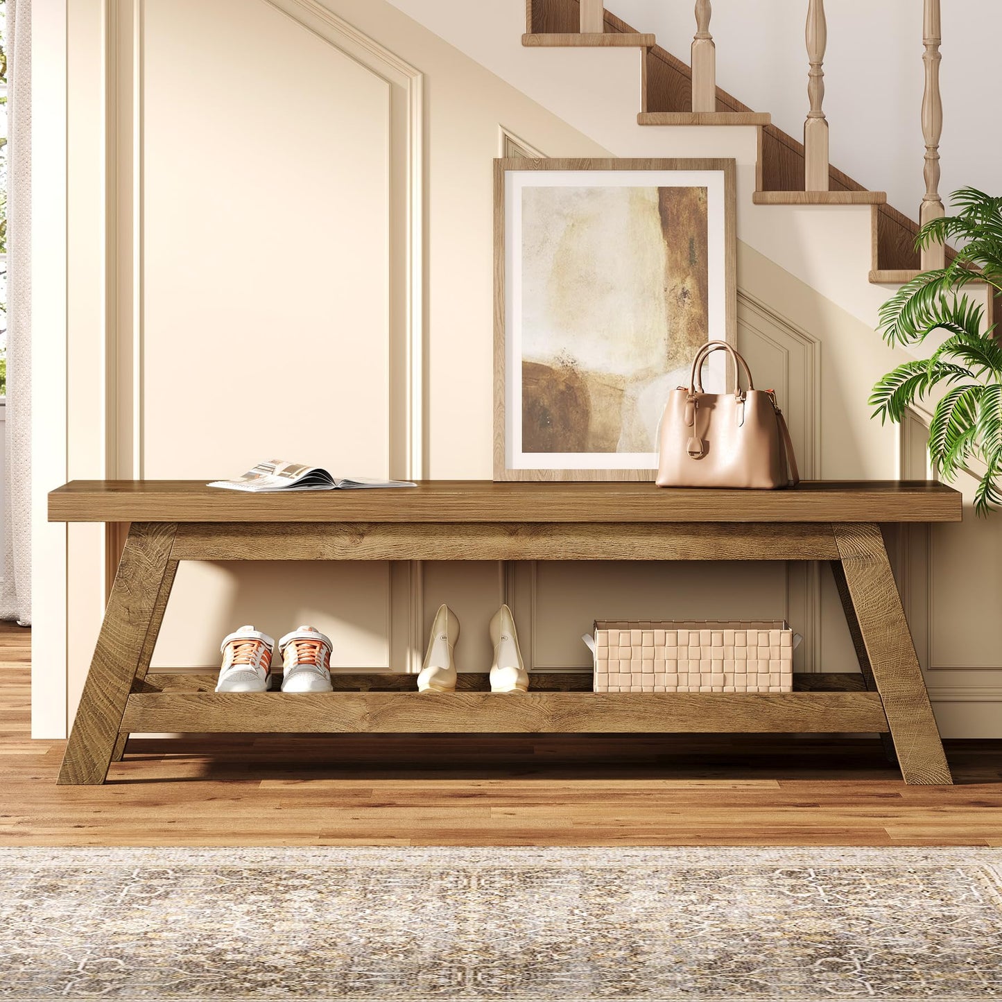 Tribesigns 55" Wood Entryway Bench with Shoe Storage, Large 2-Tier Narrow Hallway Foyer Seating Bench with Open Shelves for Entryway, Bedroom, Mudroom