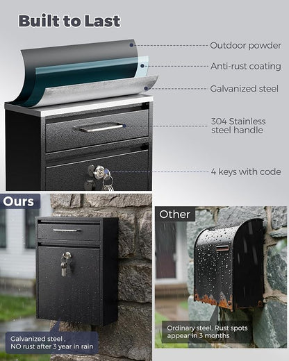 LAND·VOI Large Capacity Mailbox for Outside, Heavy Duty Rustproof, Locking Mailbox, 4 Replaceable Keys, Weatherproof Wall Mounted Mailbox for Residential & Apartment, 15.4"×11.8"×4.7", Black, Large