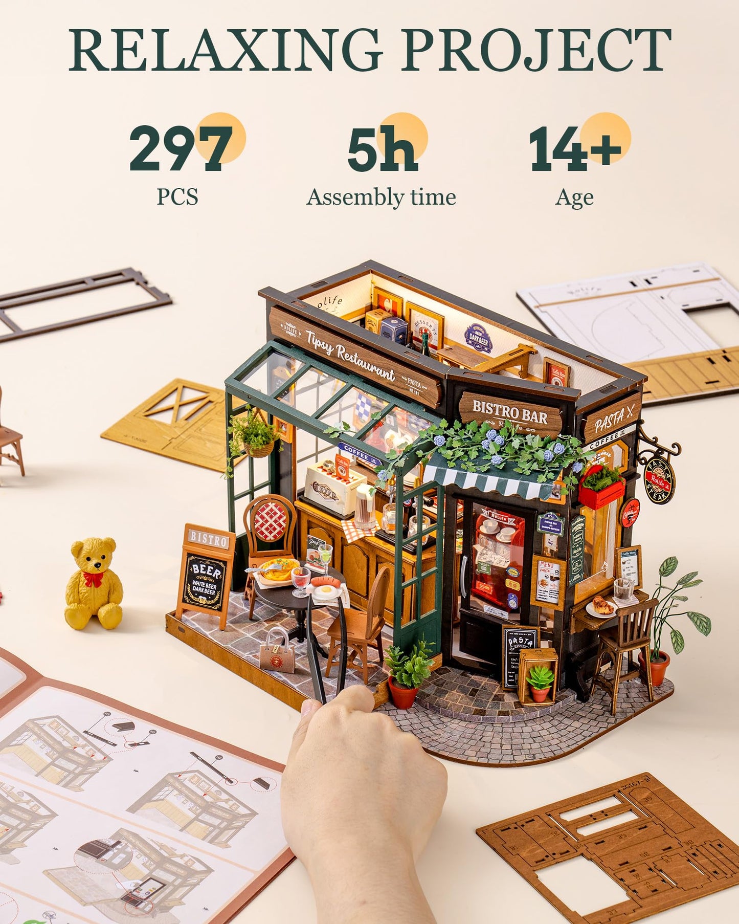 ROBOTIME DIY Tiny House Kit, Miniature House Kit for Adults to Build, Mini House Kit with Furniture, Halloween/Christmas/Birthday Gifts for Men/Women（Tipsy Restaurant）
