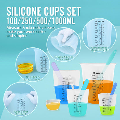 SWIGRANCE Silicone Resin Mixing 1L Measuring Cup Set for Resin Supplies, Easy-to-Read Marks, 1000ml/32oz Large Cup, 500&250&100ml Thickened Reusable Silicone Cups for Epoxy Mixing, Jewelry Making