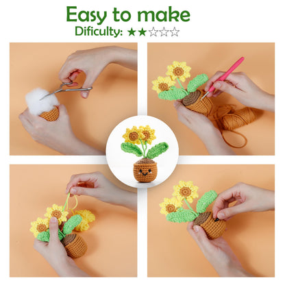 A-URA Learn to Crochet Kit for Beginners Kids and Adults, Premium Pattern Sunflower Beginner Crochet Kits with Easy Tube Yarn & Step-by-Step Video Tutorials
