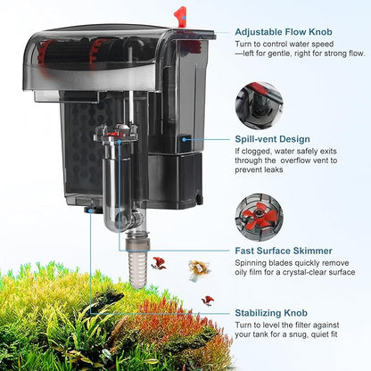 Small Fish Tank Filter, Hang On Back Aquarium Filter, Quiet Adjustable Flow Expandable Hose for 10-25 Gal, 3-Stage Filtration System with Surface Skimmer for Circulation and Aeration, 93GPH 5W