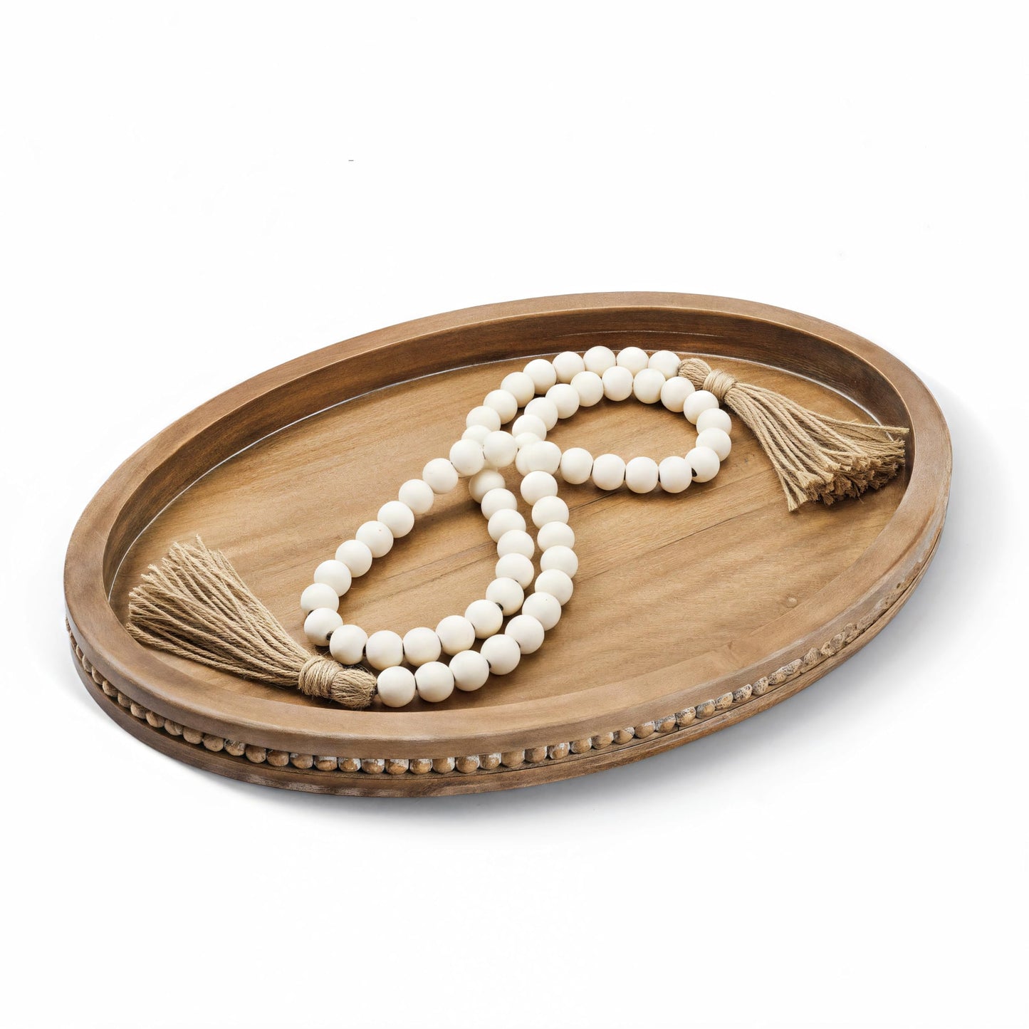 16" x 11.8" Oval Wood Decorative Tray with 58" Bead Garland, Farmhouse Coffee Table & Kitchen Island Décor, Rustic Brown Entryway Console Tray for Styling, Candles & Small Items