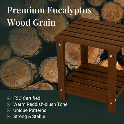 Eucaland Premium 2-Tier Eucalyptus Wood Side Table with Slatted Storage Shelf, 13" x 16" x 17.5", Wooden Accent Table for Living Room, Entryway or Bedside (Brown)