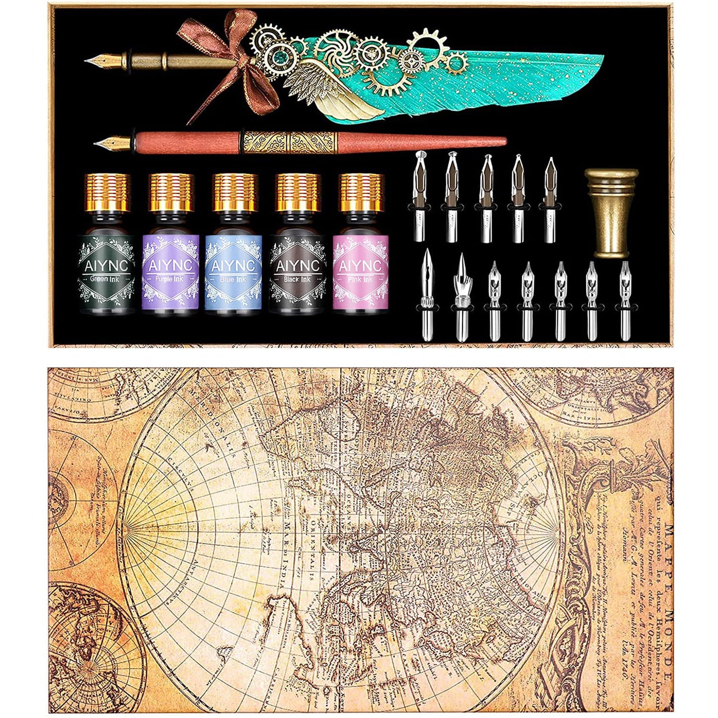 AIYNC Feather Calligraphy Pen Ink Set, Mechanical Feather Pen and Wooden Dip Pen, 5 Colors of Ink, 12 Replacement Nibs, Pen Holder, Envelope and Letter Paper (Green)