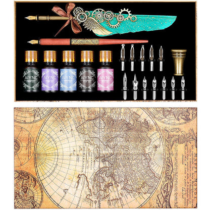 AIYNC Feather Calligraphy Pen Ink Set, Mechanical Feather Pen and Wooden Dip Pen, 5 Colors of Ink, 12 Replacement Nibs, Pen Holder, Envelope and Letter Paper (Green)