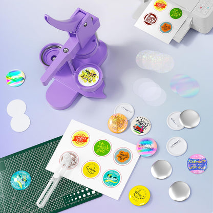 Button Maker Machine 2.25'' Button Press Machine Pin Badge Maker Machine with 100 Set Holographic Film, Button Pinback Making Supplies, Removable Dies, 1 Circle Cutter, 1 Cutting Mat, 50 Photo Paper