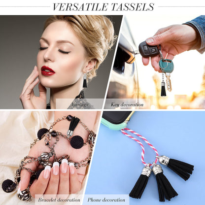 200 Pieces Keychain Tassels Faux Suede Leather Tassel Pendants Keychain Decoration Tassels with Loop for DIY Crafts Making Supplies (Black)