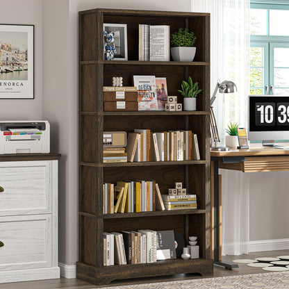 TVU 5-Tier Solid Wood Book Shelf, Floor Standing Bookcase, 65" H × 31.5" W × 11.8" D Bookshelf, Farmhouse Style Book Case with Arched Base, Suitable for Living Room, Study, Office, Walnut