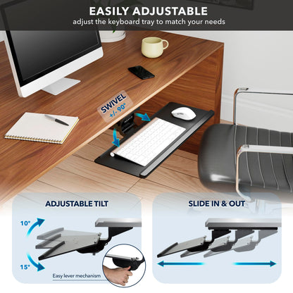 Mount-It! Under Desk Keyboard Tray, Adjustable Slide-Out Keyboard & Mouse Platform, 26.38" W × 10" D, Ergonomic Wrist Rest, Height Tilt & Swivel, Heavy-Duty Bolt-On Keyboard Drawer for Home Office
