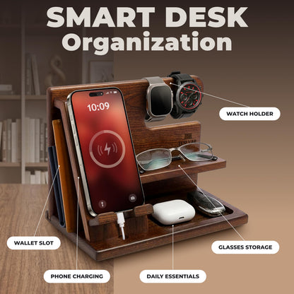 TESLYAR Wood Phone Docking Station for Men - Desktop or Nightstand Organizer - Birthday Gifts for Men, Dad - Anniversary Idea from Wife - Key Holder, Stand Wallet, Watch & Essentials (Bourbon Brown)