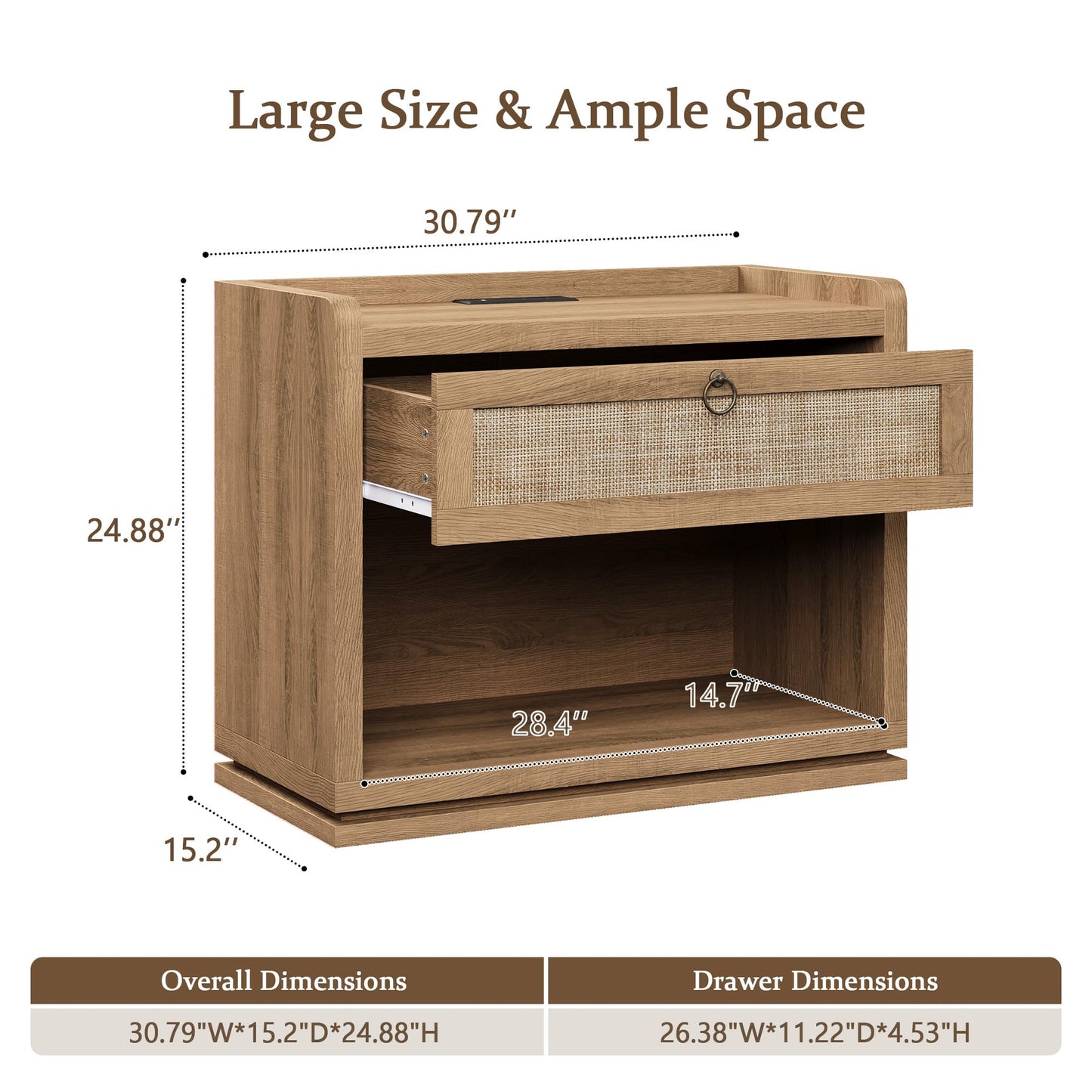31" Wide Rattan Nightstand with Charging Station, End Side Table