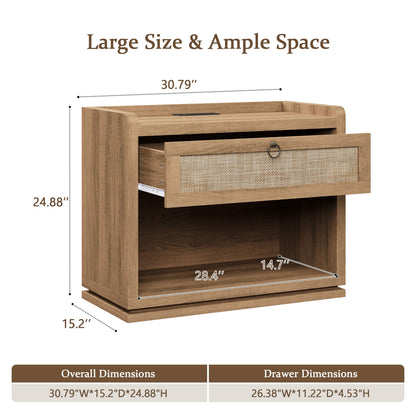 31" Wide Rattan Nightstand with Charging Station, End Side Table