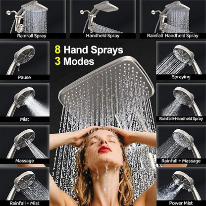 Rain Shower Head with filtered Handheld High Pressure rainfall Shower Heads with Handheld Spray Combo Adjustable one-piece stand daul shower head Built-in Magnetic Docking and Power Jets-brush nickel