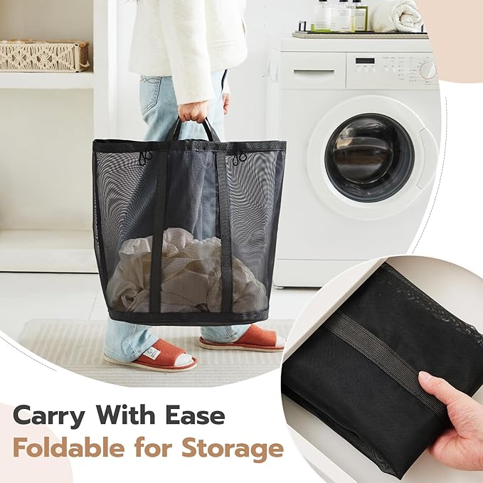 Mesh Laundry bag with Handles, 42L Collapsible Laundry Basket with 2 Hooks