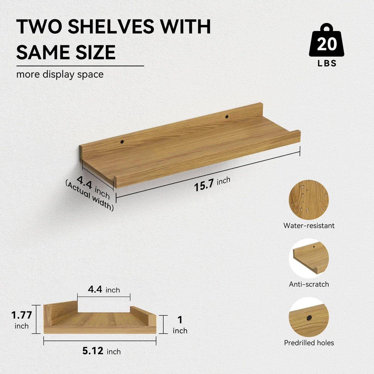 Boswillon Floating Shelves Set of 2, Modern Wall Shelves with Lip, Display Picture Ledge for Bedroom, Living Room, Bathroom, Kitchen - Oak