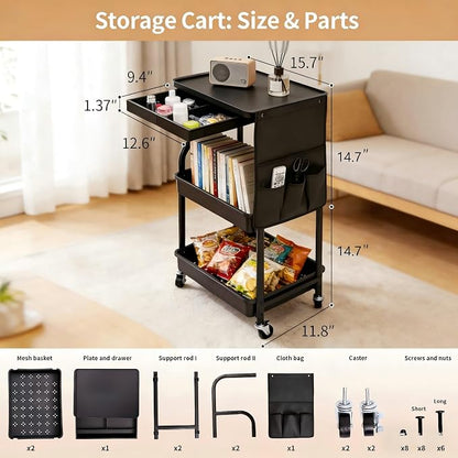 BLULEE 3-Tier Rolling Storage Cart with Pull-Out Drawer & Side Organizer | Heavy-Duty Carbon Steel Utility Cart with Lockable Wheels, Mobile Organizer Rack for Bathroom, Makeup, Nursery & Kitchen