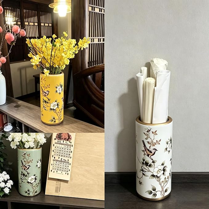 Ceramic Entryway Umbrella Stand,Handmade Appliques Chinese Umbrella Stand Barrels,Vintage Floor Standing Cane Holder Placed & Flower Vases for Hotel Office Home Entrance,C,17.3in