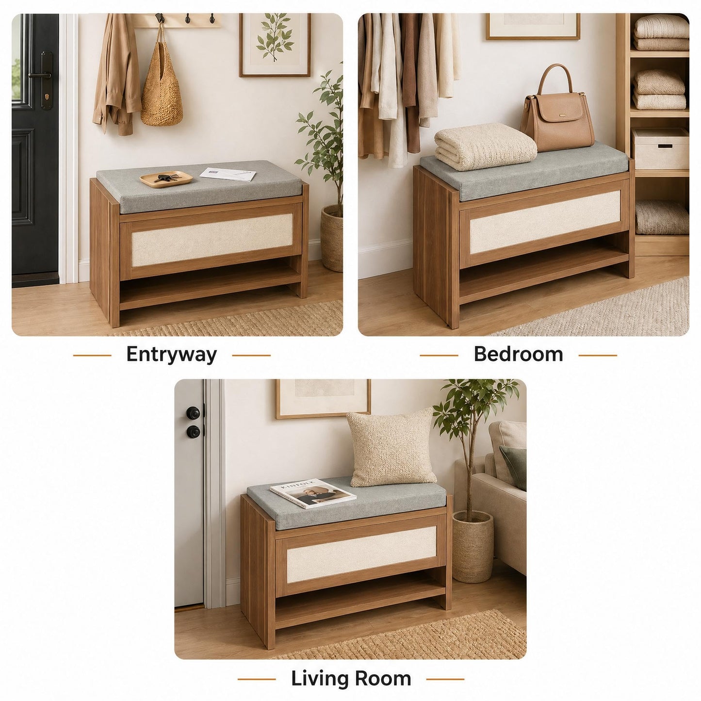 GarveeHome 2 Pack 31" Rattan Entryway Shoe Bench with Storage Drawer & Padded Linen Seat – Farmhouse Wicker Bench Organizer for Hallway, Front Door & Bedroom,Caramel Oak