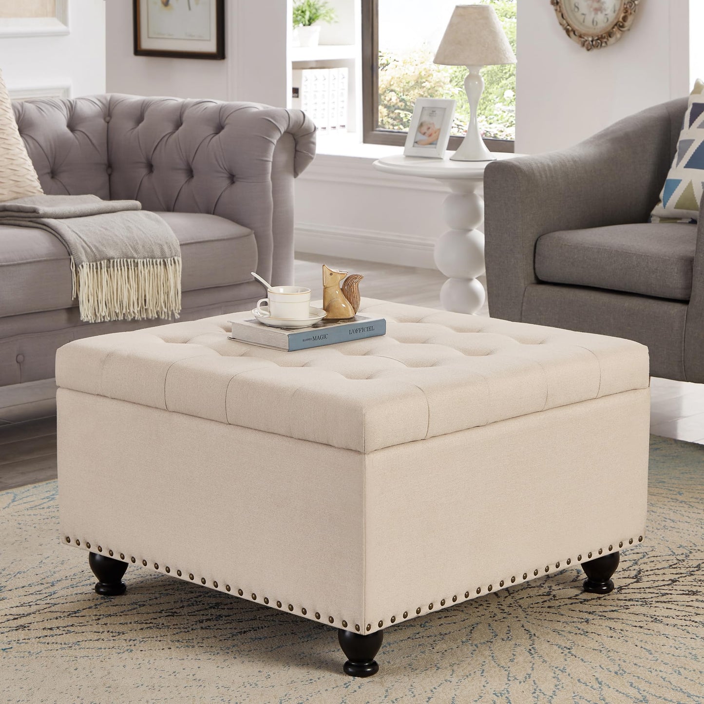 ACQCA Large Square Storage Ottoman with Wooden Legs, Upholstered Button Tufted Coffee Table with Nail Trims for for Living Space,Beige