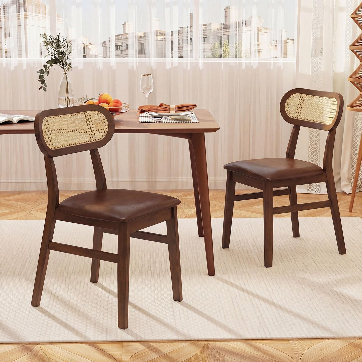 Giantex Wooden Dining Chairs Set of 2, Faux Leather Upholstered Kitchen Chairs w/Breathable Mesh Cane Backrest, Rubber Wood Frame, Padded Seat, Farmhouse Armless Side Chairs for Dining Room, Coffee