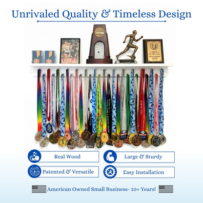 3ft Medal Hanger Display for Wall — Trophy Shelf with Hooks for Medals — 36" Solid Wood — Holds 30+ Medals + Cased Medals for Running, Gymnastics, Cheer, Karate — White- Medal Awards Rack