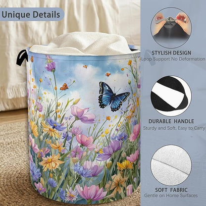 Wildflowers Butterfly Laundry Basket, Floral Garden Oxford Cloth Laundry Hamper