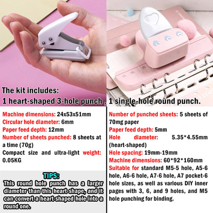 CATaireen Journal Paper Punch Kit Round Square Heart Mushroom Hole Puncher Craft Scrapbooking Tools Set Scrapbook Essentials Supplies (4.55 mm 3 Heart Holes)