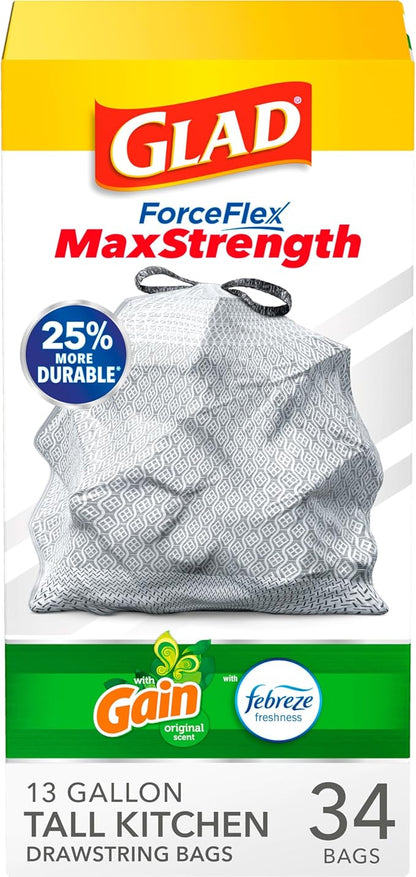 Glad Tall Kitchen Trash Bags 13 Gallon, Gain Original Garbage Bags, Odorshield