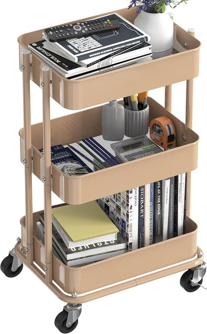 Simple Houseware 3-Tier Compact Utility Rolling Cart, Low 24” Height Fits Under Desk, Space-Saving Storage for Home Office, Dining Room, or Kitchen, Khaki