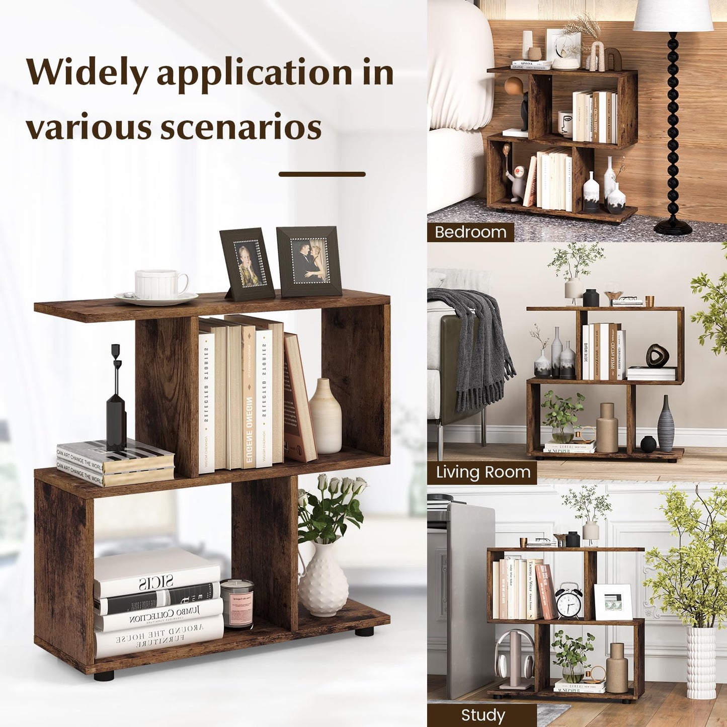 Giantex 3-Tier Geometric Bookshelf, 24" Tall Wood S-Shaped Display Shelves with Thick Foot Pads, Freestanding Open Shelves Nightstand, Floor Standing Display Shelf Bookcase, Brown