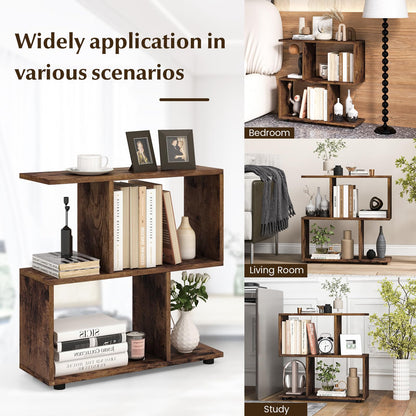 Giantex 3-Tier Geometric Bookshelf, 24" Tall Wood S-Shaped Display Shelves with Thick Foot Pads, Freestanding Open Shelves Nightstand, Floor Standing Display Shelf Bookcase, Brown